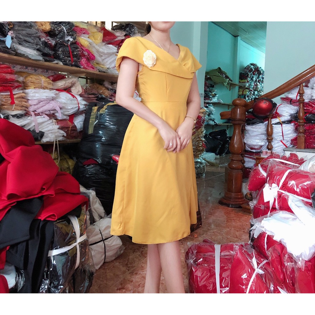 Váy xòe đầm nữ dự tiệc freesize chất kate lụa cổ bèo đính hoa Kimhoa77 | BigBuy360 - bigbuy360.vn
