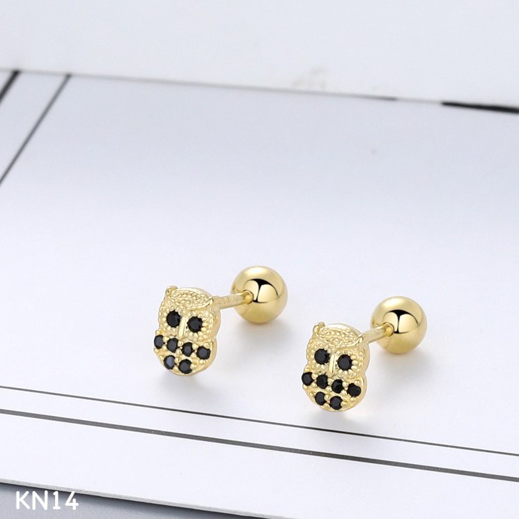 Khuyên tai nam nữ bạc mặt cú mèo đính đá chốt tròn bi vặn mạ vàng cá tính, cực ngầu | HARMONY ACCESSORIES KN14