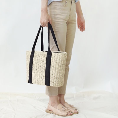 Túi cói TOTE xách tay - dây đeo màu đen - cỡ lớn (bigsize) - phong cách Vintage thanh lịch