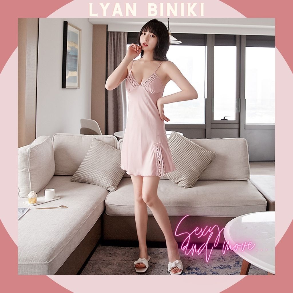 Váy ngủ đầm ngủ lụa Satin 2 dây phối ren rexy gợi cảm LYAN BIKINI L014