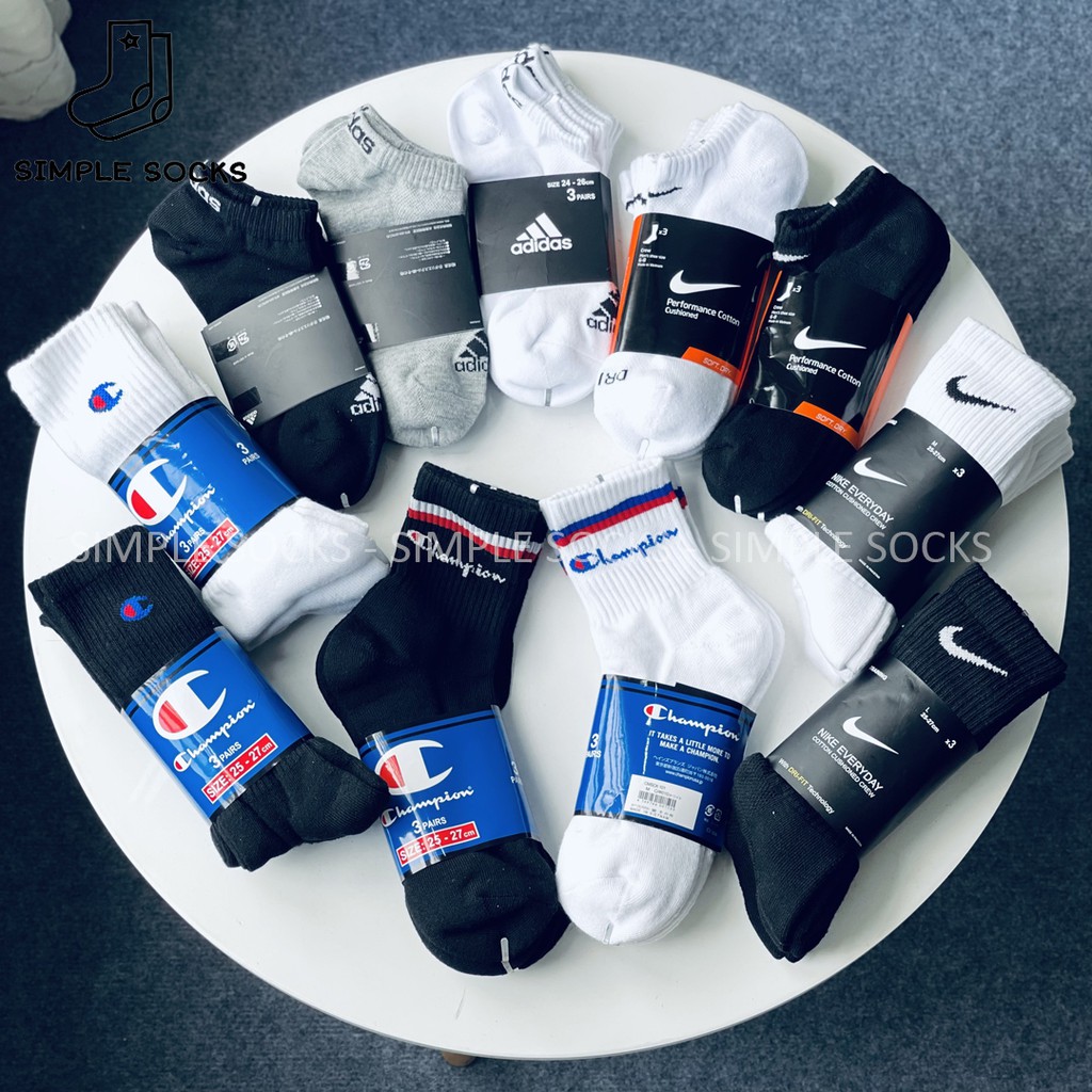 Pack 3 Đôi Vớ Chính Hãng💖FREESHIP💖Tất Nike, Adidas, Champions Cổ Cao, Cổ Lửng, Cổ Lười - Chất Coton Thấm Hút Mồ Hôi Tốt