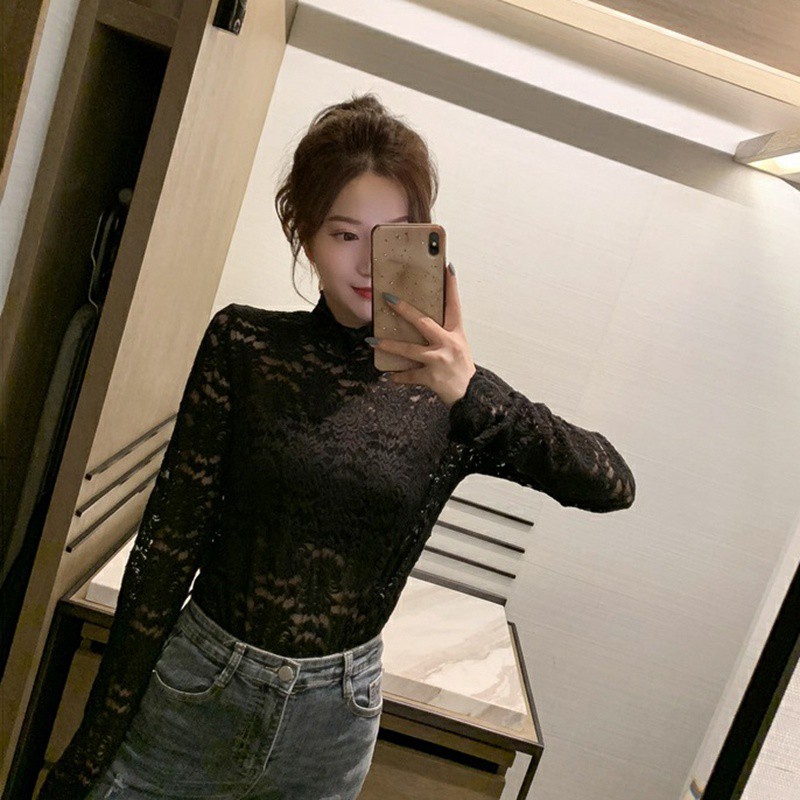 Áo kiểu tay dài cổ lọ phối ren hoa thiết kế quyến rũ cho phái nữ | BigBuy360 - bigbuy360.vn