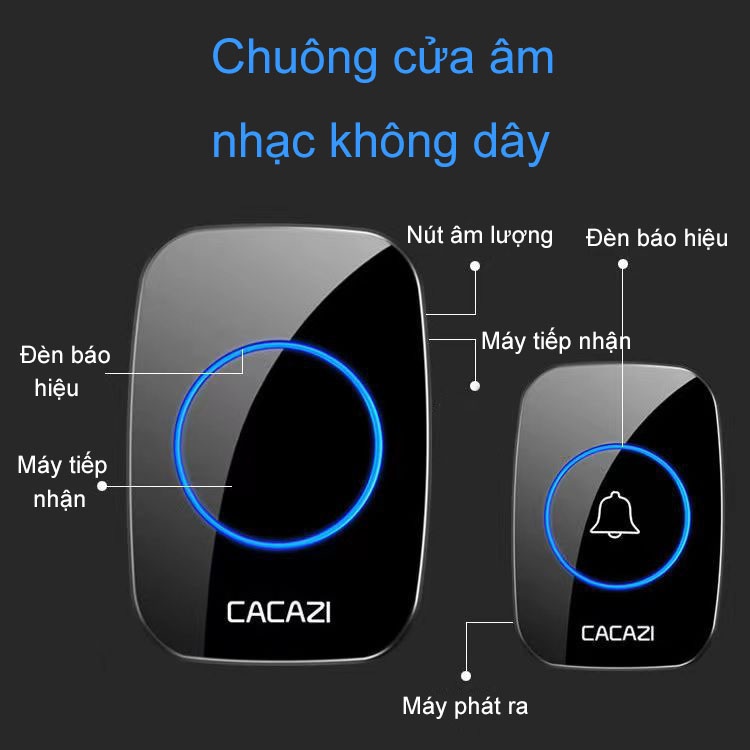 Chuông Cửa Không Dây CACAZI Nút Nhấn Có 36 Tiếng Chuông, 4 Nút Chỉnh Âm Lượng, Cắm Vào Dùng Ngay, Khoảng Cách 300m