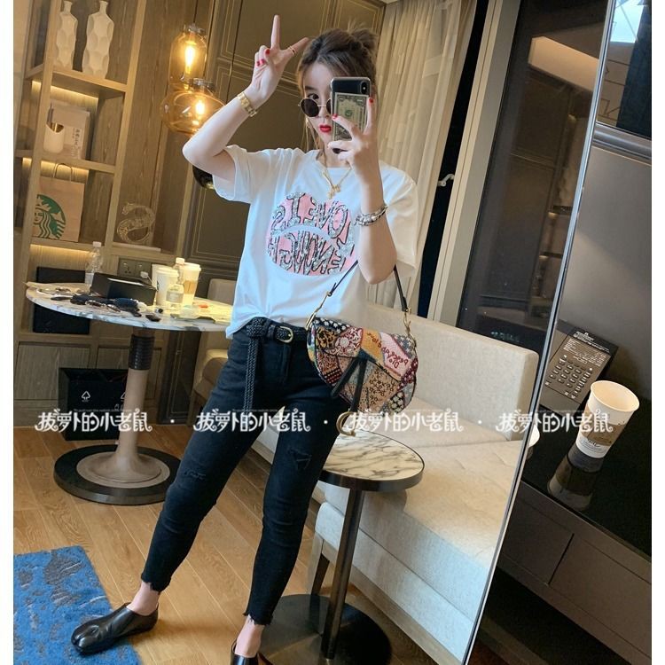 [95 cotton] Đôi môi đính cườm áo sơ mi nữ ngắn tay mùa xuân 2019 mới thời trang Hàn Quốc phông kết hợp tất cả