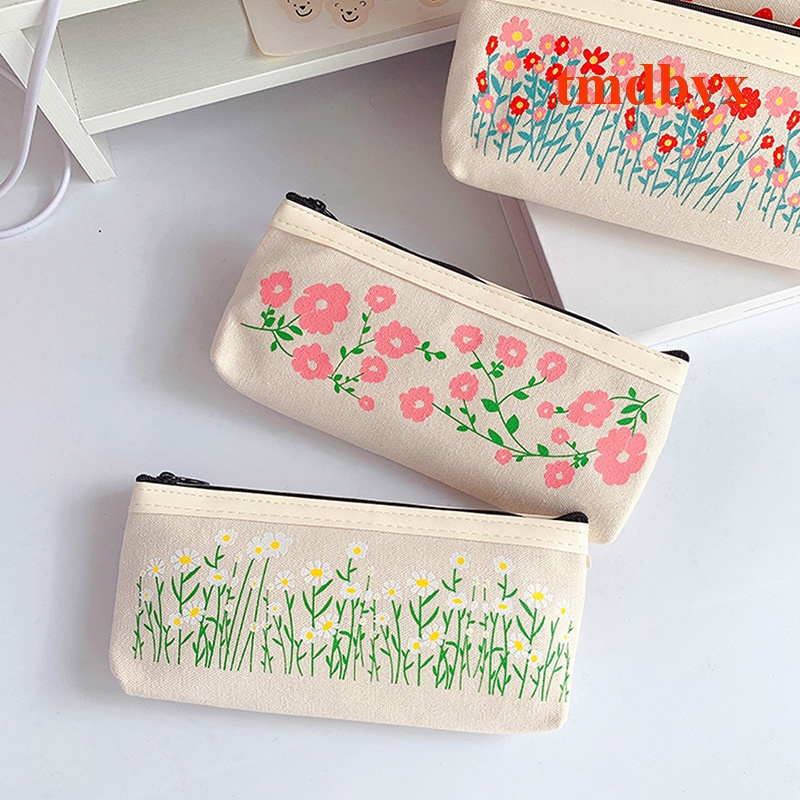 Túi Đựng Bút Bằng Vải Canvas In Họa Tiết Hoa Cúc Phong Cách Retro Độc Đáo Tiện Dụng