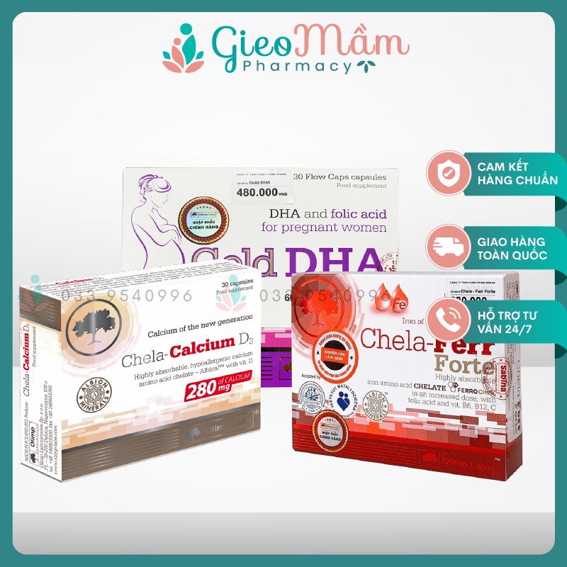 Combo Canxi Chela-Calcium D3 + Sắt Chela-Ferr Forte + Gold DHA bổ sung đầy đủ dưỡng chất cho bà bầu