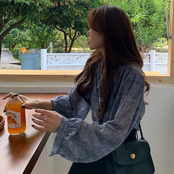 Xiaozhainv Áo Sơ Mi Voan Tay Dài Cổ Chữ V Phối Bèo Họa Tiết Hoa Phong Cách Hàn Quốc