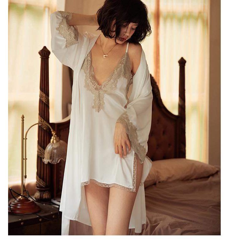 Váy ngủ hai dây cổ  V lụa satin sexy cao cấp Đầm mặc nhà gợi cảm quyến rũ Mã 5