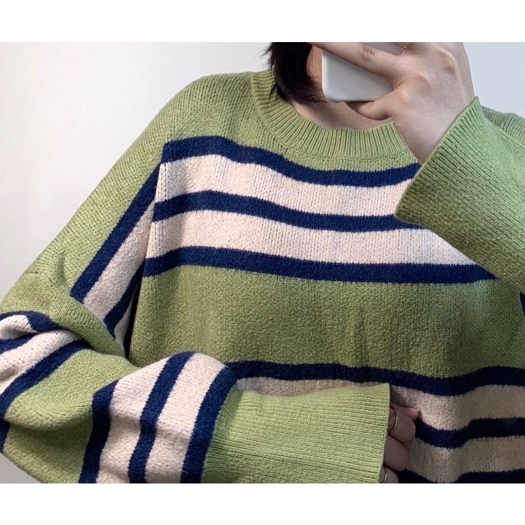 AL20 Áo len ép màu xanh bơ kẻ sọc