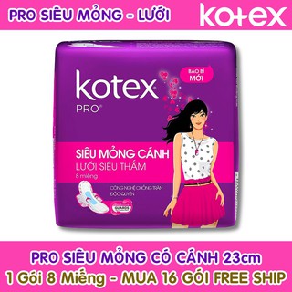 Băng Vệ Sinh Kotex Pro Siêu Mỏng Có Cánh 23cm ( 1 Gói 8 Miếng - 1 Lốc 8 Gói ) .