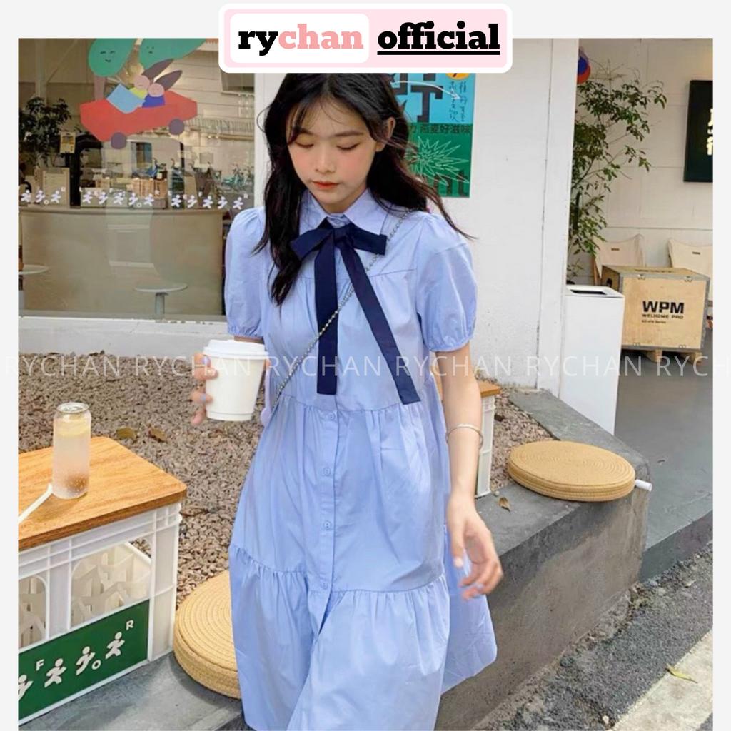 Đầm Nữ Cổ Sơ Mi Tay Ngắn Phối Nơ Cổ Xinh Xắn, Đầm Babydoll Đi Picnic Dáng Xòe Tầng Màu Xanh - DX167