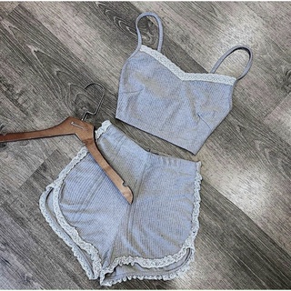 Bộ ngủ 2 dây viền ren thun gân LY45 ảnh thật xinh