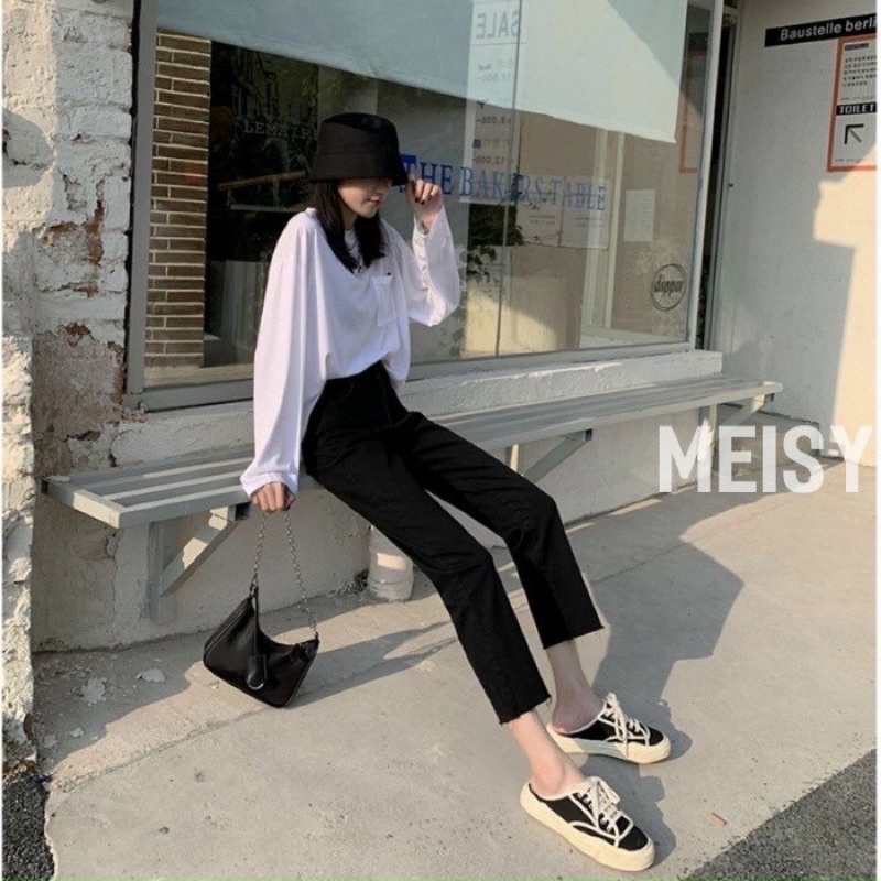 [Mã FAMARAL1 giảm 10K đơn 50K] Quần jeans ống đứng đen cạp cao phong cách hàn quốc