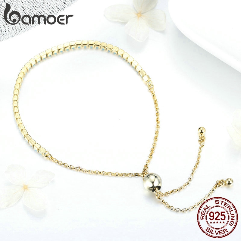 Vòng Tay Bamoer Dạng Chuỗi Xích Làm Bằng Bạc Đính Đá Ngọc Lam Mạ Vàng Thời Trang