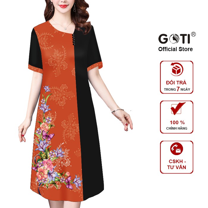 GOTI - Đầm Trung Niên Bigsize Lụa Dáng Dài Qua Gối Tay Ngắn Kiểu Đầm Dự Tiệc Cho Mẹ U50, U60 Cao Cấp 3277 3276 3319