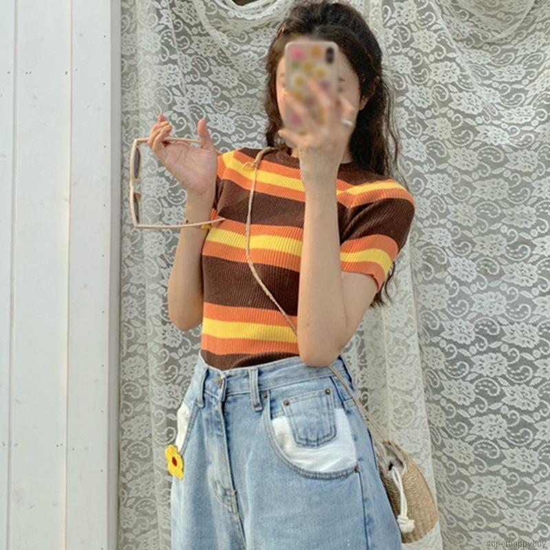 Áo Thun Ngắn Tay Sọc Ngang Xinh Xắn Cho Nữ