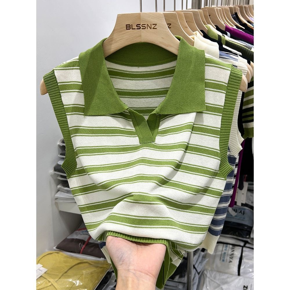 Áo Dệt Kim Sát Nách Cổ Polo Họa Tiết Kẻ Sọc Thời Trang Mùa Hè Cho Nữ