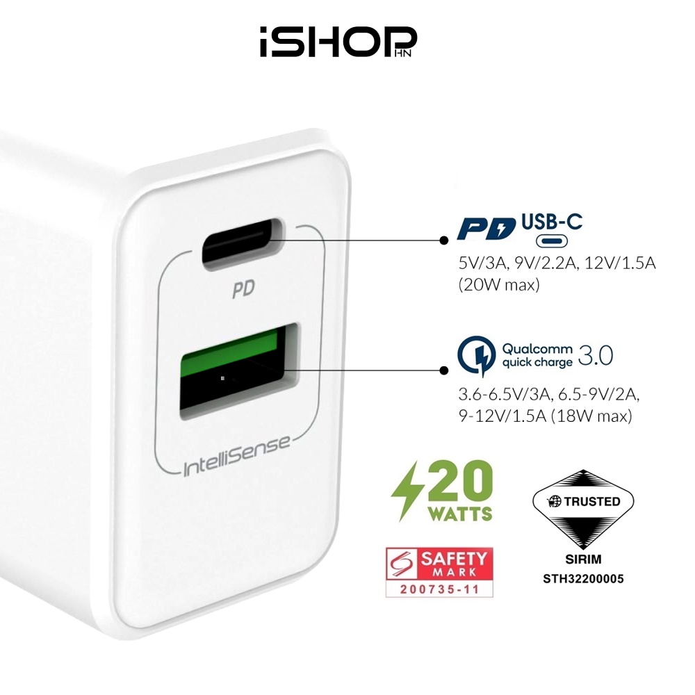 Củ sạc nhanh 20W Prolink PTC21801, 2 cổng USB-A & PD USB-C, IntelliSense, Quick charge 3.0, sạc siêu nhanh, an toàn