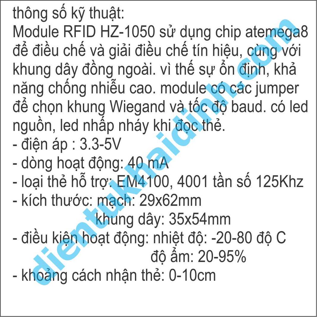 MODULE RFID HZ-1050 125Khz, UART, vòng dây rời, chống nhiễu cao KDE0386