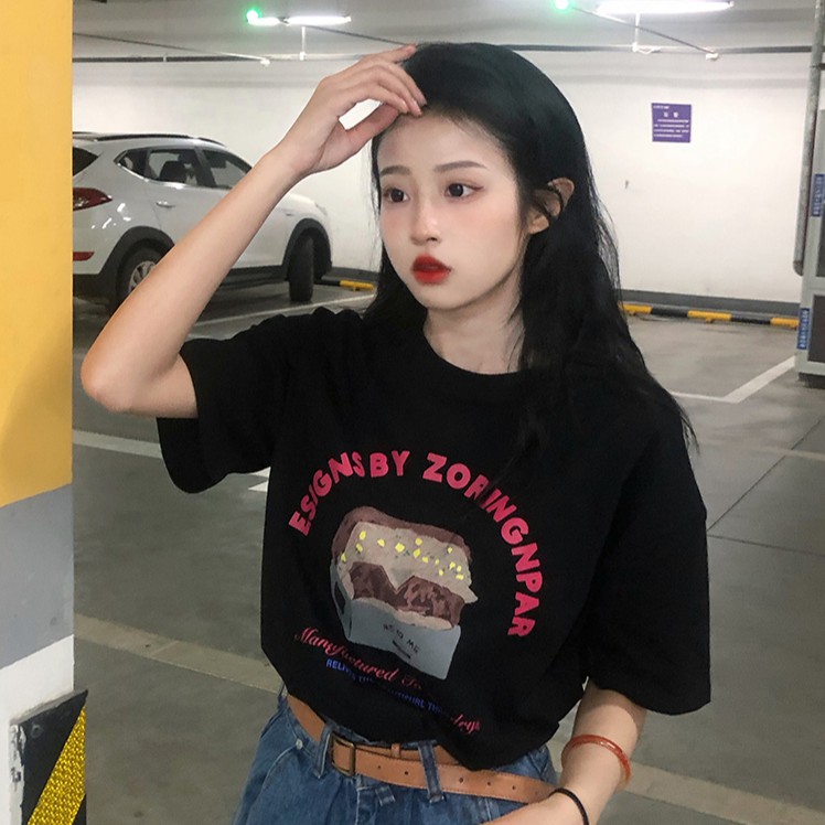 Áo Thun Hàn Quốc Tay Ngắn In Họa Tiết Cổ Điển Cho Nữ