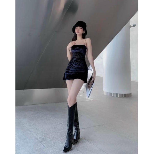 [FREESHIP] Đầm nhung đen đan dây hở lưng xẻ tà sẵn mút ngực mặc đi chơi đi tiệc sang trọng sexy