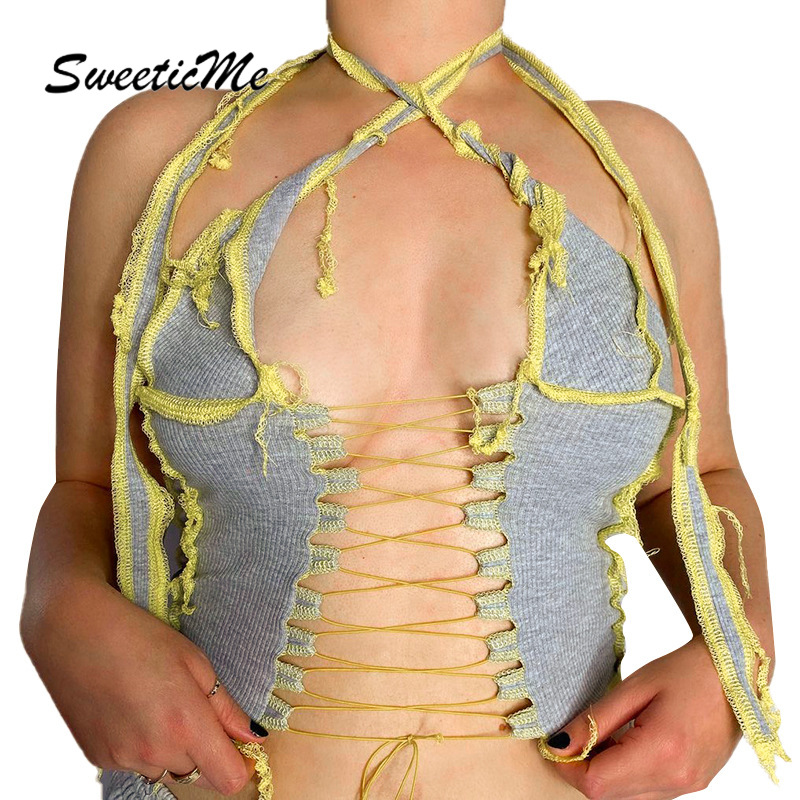 SweeticMe Women Contrast Lined Sexy V-neck Backless Slim Fit Casual Halter Top