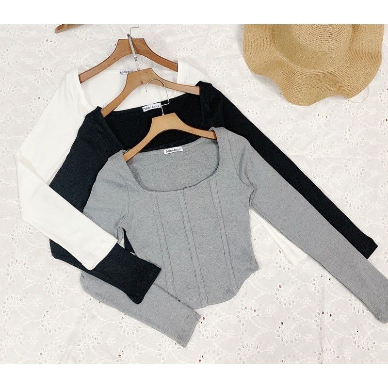 [FREE SHIP] Áo Croptop Tay Dài Cổ Vuông Thời Trang Mới Kiểu From Body