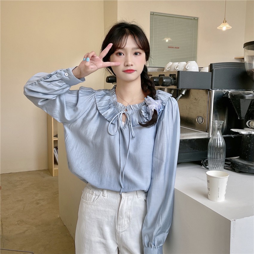 Áo sơ mi voan nữ cổ tròn nhẹ nhàng tiểu thơ