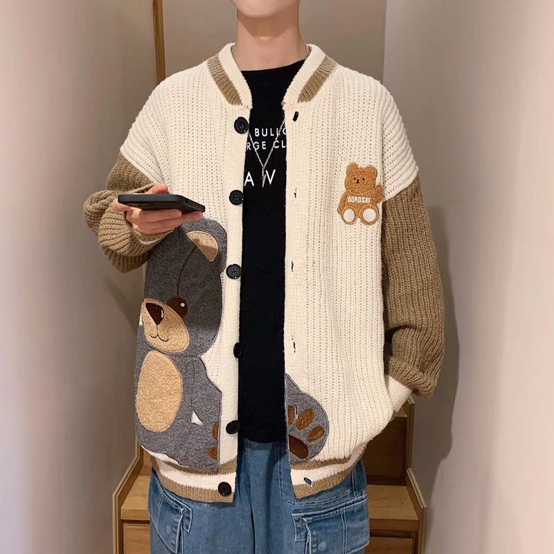Áo Khoác Cardigan Dệt Kim Thêu Hình Gấu Kiểu Nhật Bản Thời Trang Mùa Đông Cho Nam