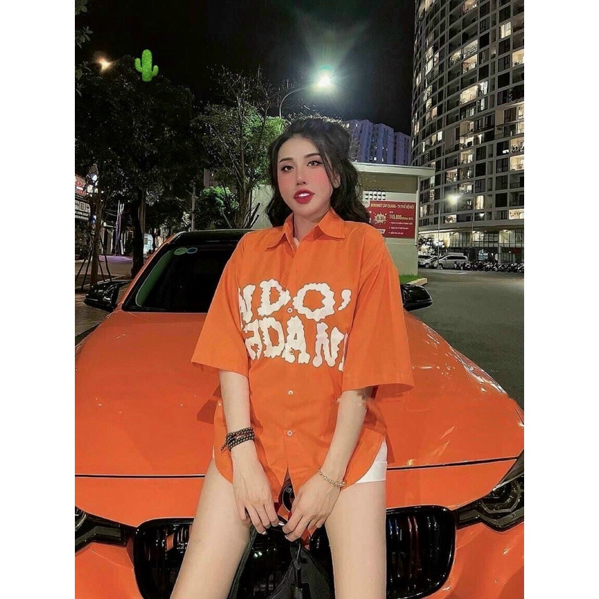 Áo sơ mi nữ in hình chữ form rộng kiểu tay lỡ xinh
