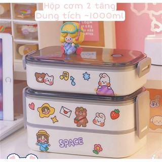Hộp cơm văn phòng hộp cơm 2 tầng nhựa chịu nhiệt FULL STICKER dùng được lò vi sóng