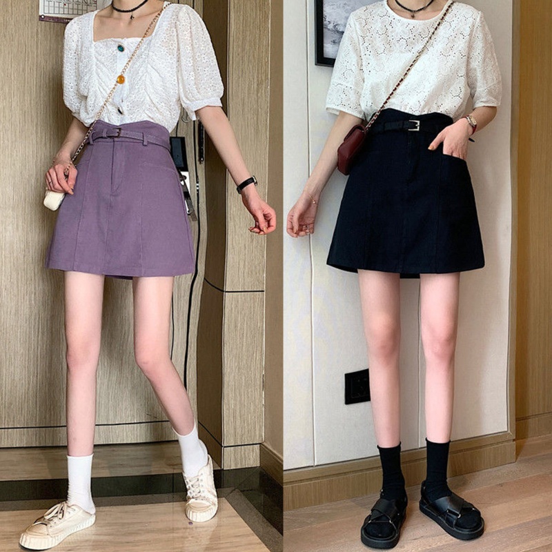 Chân váy jean Chữ A Lưng Cao Màu Trơn Kèm Thắt Lưng