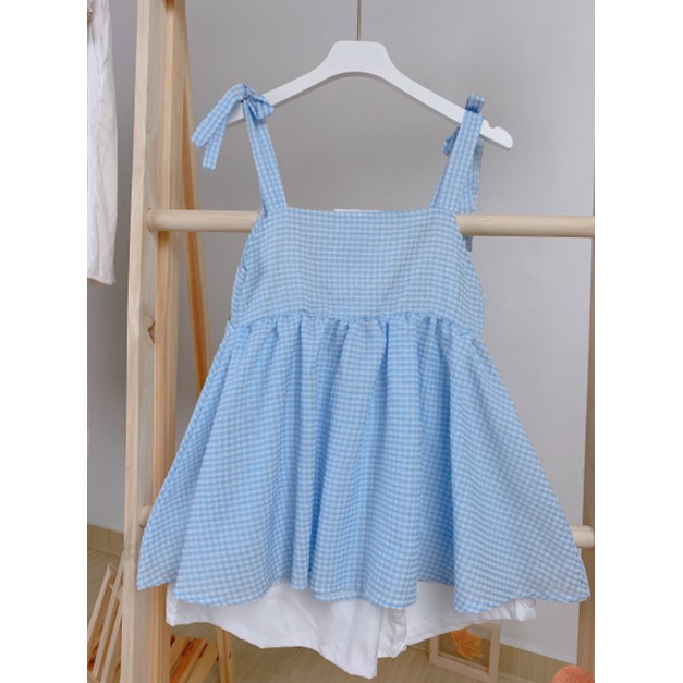 [RẺ VÔ ĐỊCH] Sét đồ nữ gồm áo babydoll nữ caro xanh+ quần đũi trắng