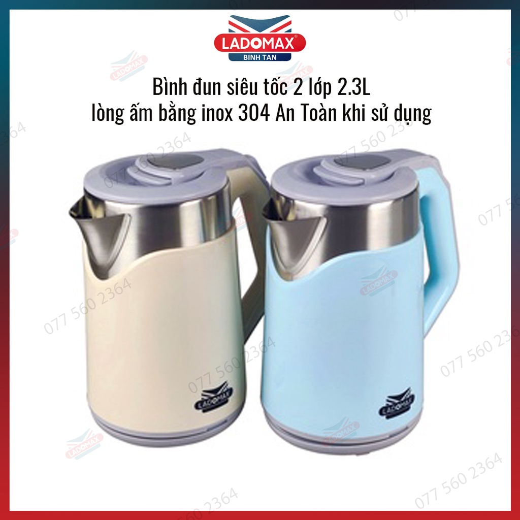 Bình đun siêu tốc 2 lớp 2.3L Ladomax HA-886 lòng ấm bằng inox 304, công suất lớn đun nước sôi nhanh