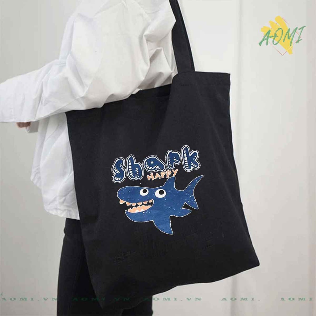 TOTE CANVAS hoat hình khủng long cute  TÚI VẢI ĐEO VAI BAG CÓ KHÓA KÉO SIZE LỚN 33x38cm AOMIVN DU LỊCH DẠO PHỐ
