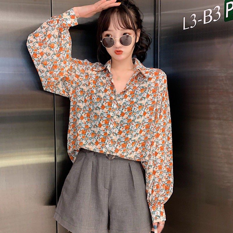 Áo sơ mi tay dài dáng rộng in họa tiết hoa phong cách cổ điển