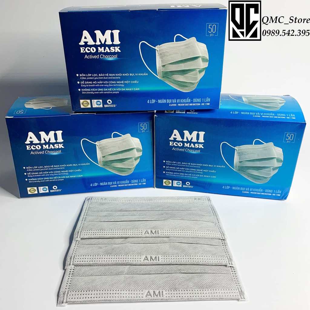 Khẩu trang y tế, Khẩu trang  Ami 4 lớp màu Xám chính hãng &lt; Giảm Giá Sốc&gt;- Hộp 50 cái #QMC