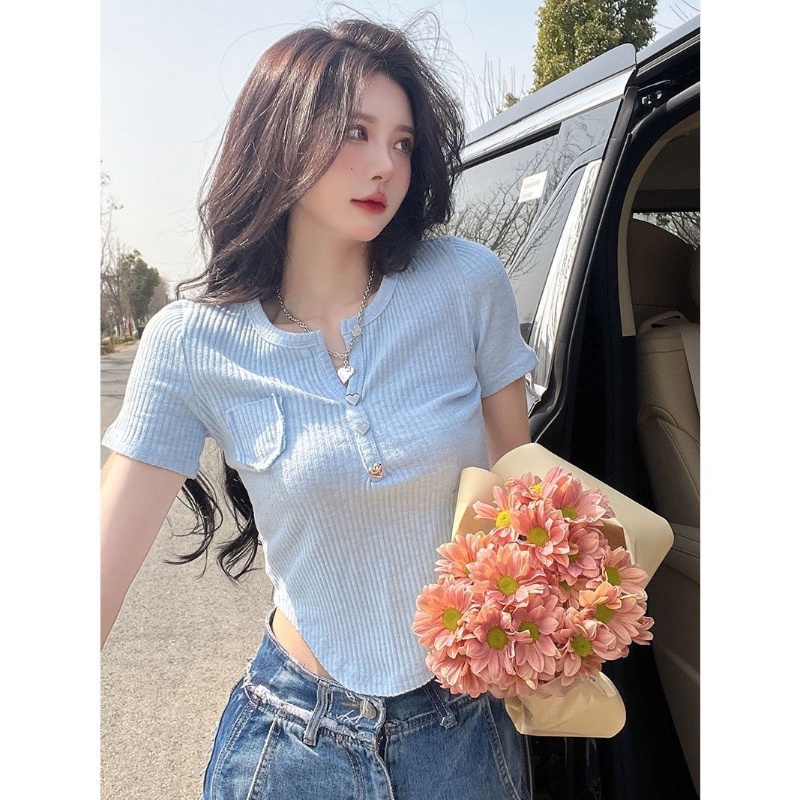 COZOK Áo Thun Tay Ngắn Cổ Chữ v Quyến Rũ Thời Trang Dễ Phối Đồ