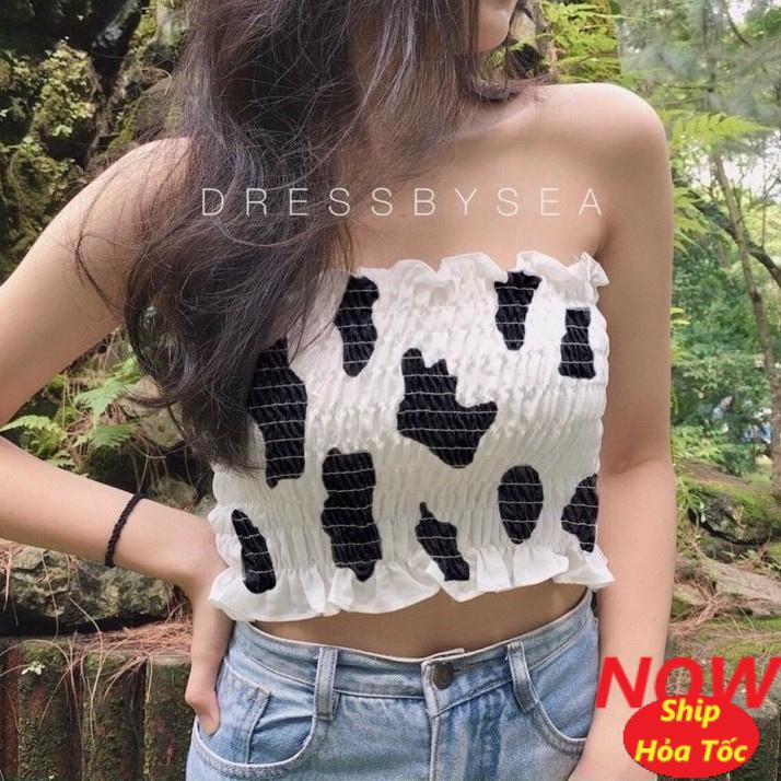 Áo ống nữ form croptop kiểu phối bò sữa và vằn nhún body