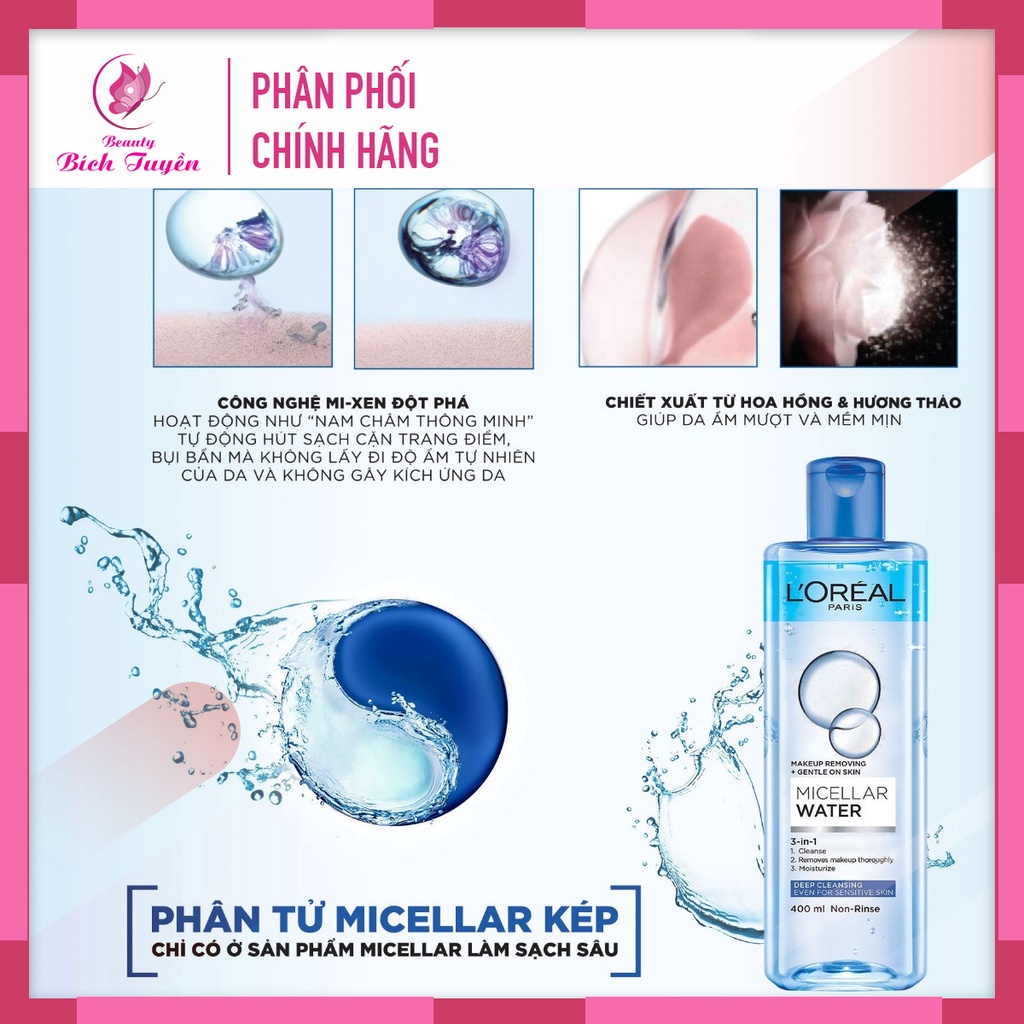 Nước Tẩy Trang Loreal - Loréal 400ml Paris Micellar Water CHÍNH HÃNG Dưỡng Ẩm Ngừa Mụn Da Dầu Da Nhạy Cảm