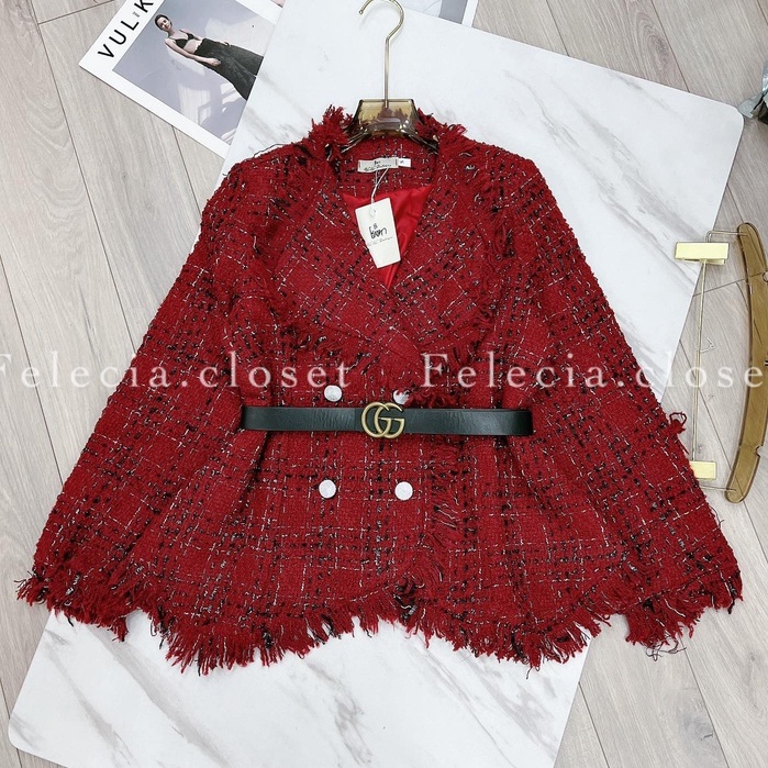 Áo Dạ Tweed Đỏ Tua Rua Cổ Vét