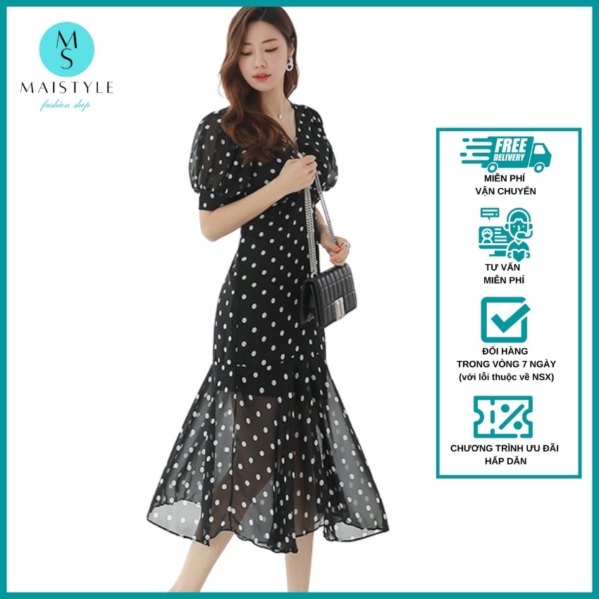 Đầm công sở MAISTYLE Váy nữ chấm bi dáng dài qua gối thiết kế tay phồng đuôi cá Đầm voan midi xòe tay ngắn MY1100 | BigBuy360 - bigbuy360.vn