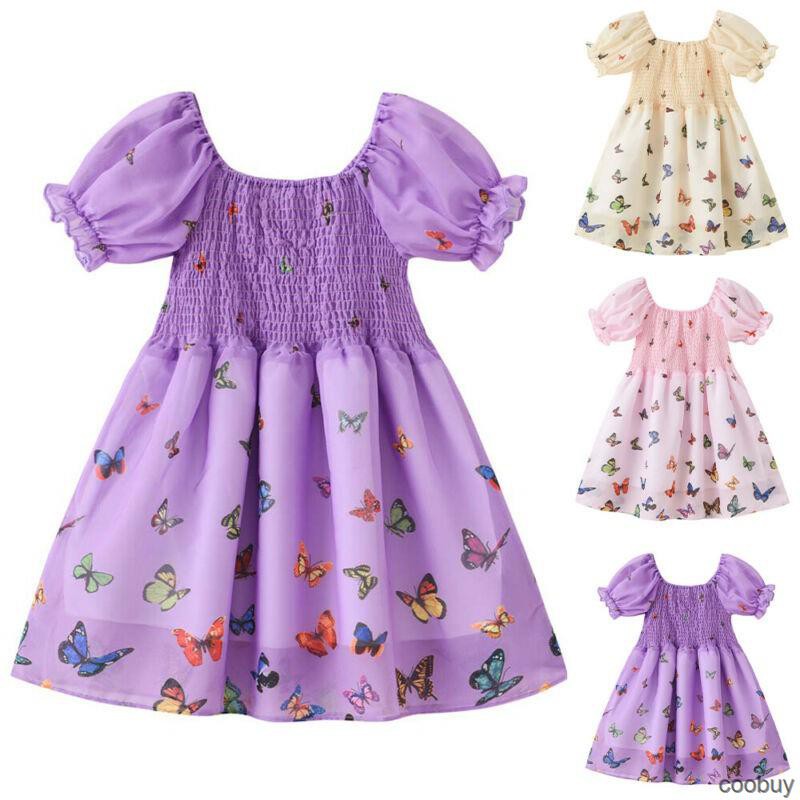 Đầm Xòe Ngắn Tay In Hình Bướm Cho Bé Gái