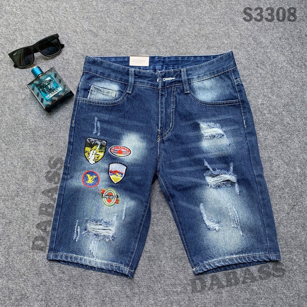 Quần short jean nam, quần sọt jean nam thêu hình năng động trẻ trung hiện đại