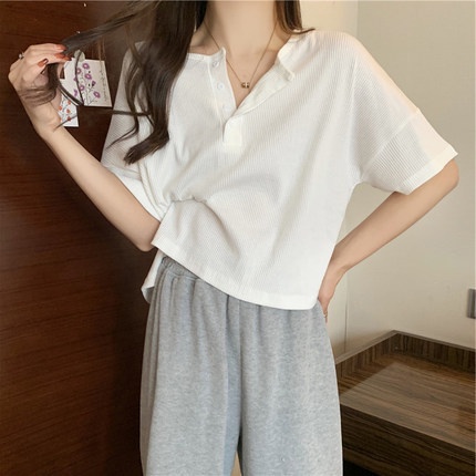 Áo Thun Croptop Dáng Rộng Ngắn Tay Màu Trơn Gài Nút Phong Cách Hàn Quốc Thời Trang Dành Cho Nữ 2022