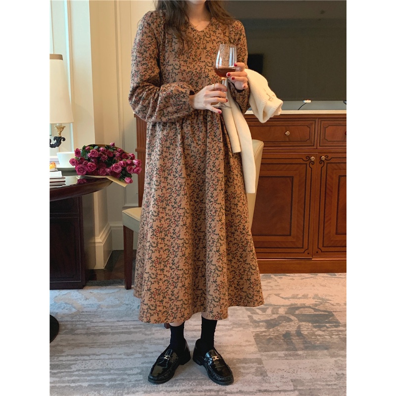 Đầm hoa dài tay phối ren 47918 thanh lịch cho nữ