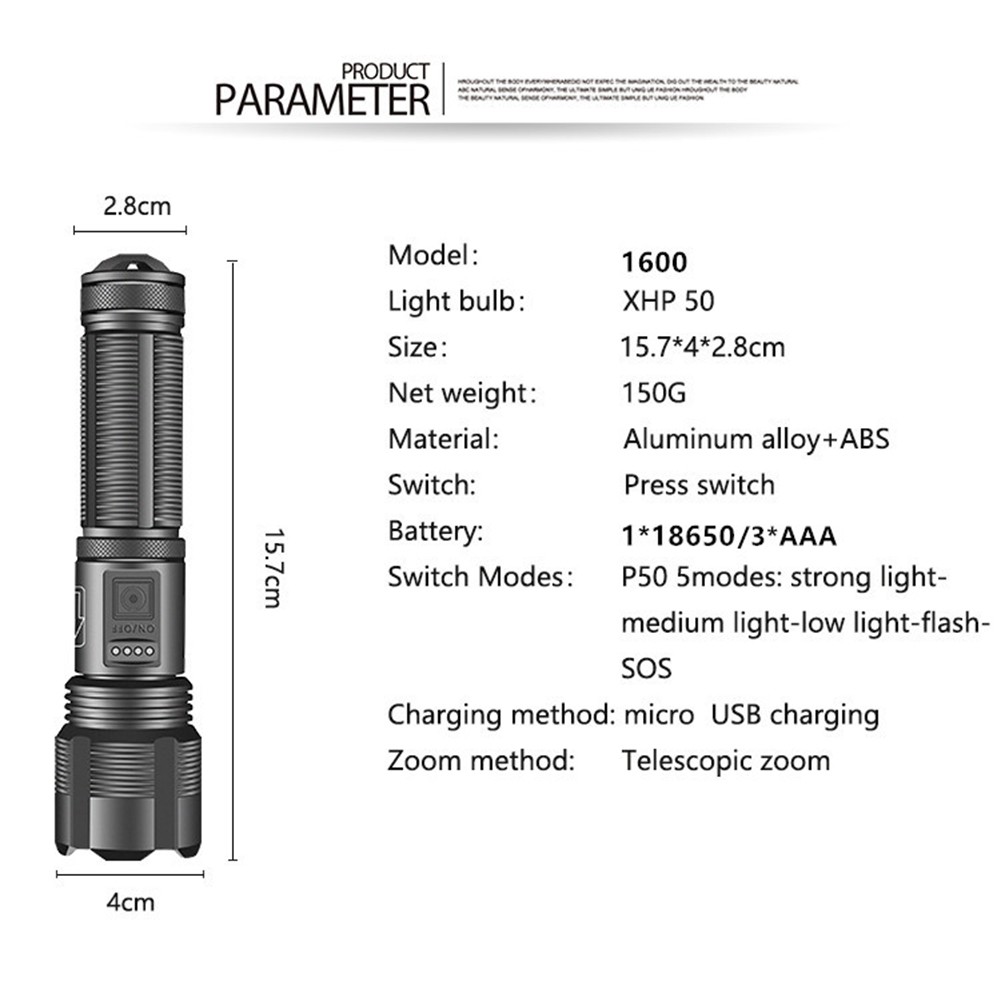  Đèn Pin Xhp50 Led 60000 Lumens Với Cổng Sạc Usb 18650