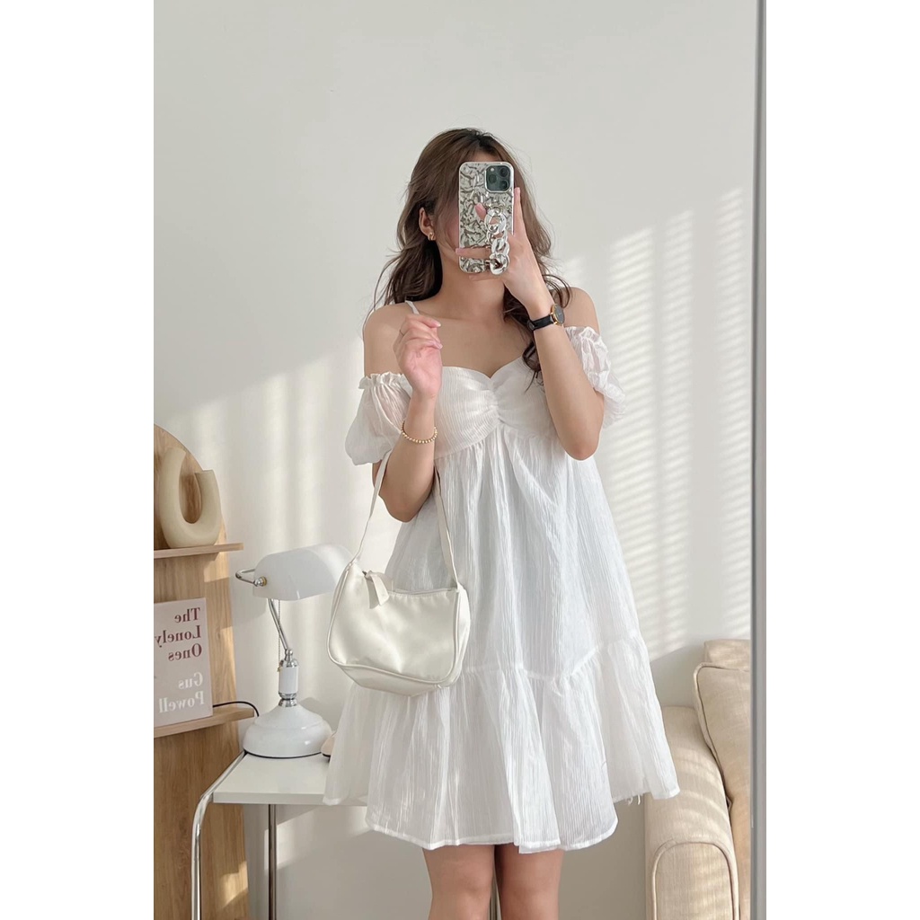 [Sẵn/Video] Váy Đầm Tơ Trễ Vai Độn Ngực 2 Lớp Siêu Sang Chảnh Helen Dress