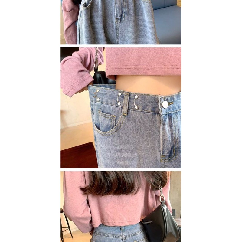 (ORDER) Quần jeans ulzzang ống rộng có nút nhỏ eo quần size đến 4XL có loại lót lông