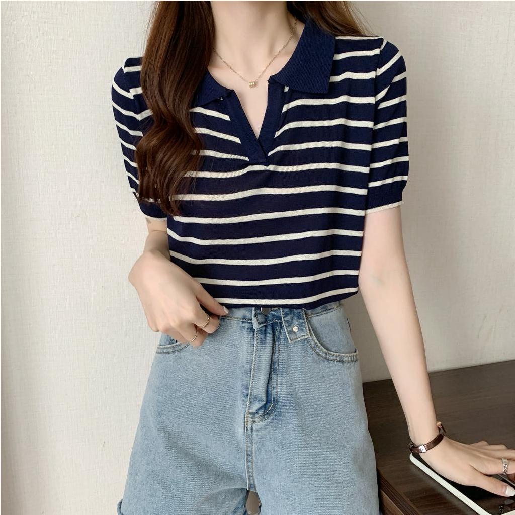 áo polo Nữ Tay Ngắn Họa Tiết Sọc Phong Cách Hàn Quốc